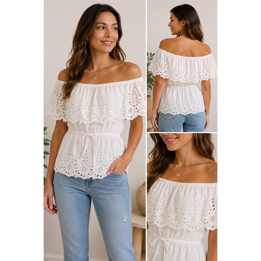 Ellison White Off-Shoulder Broderie Peplum Top